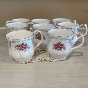 Royal Albert Tranquility China Mugs with Pink Rose and Blue Floral /Gold Accents